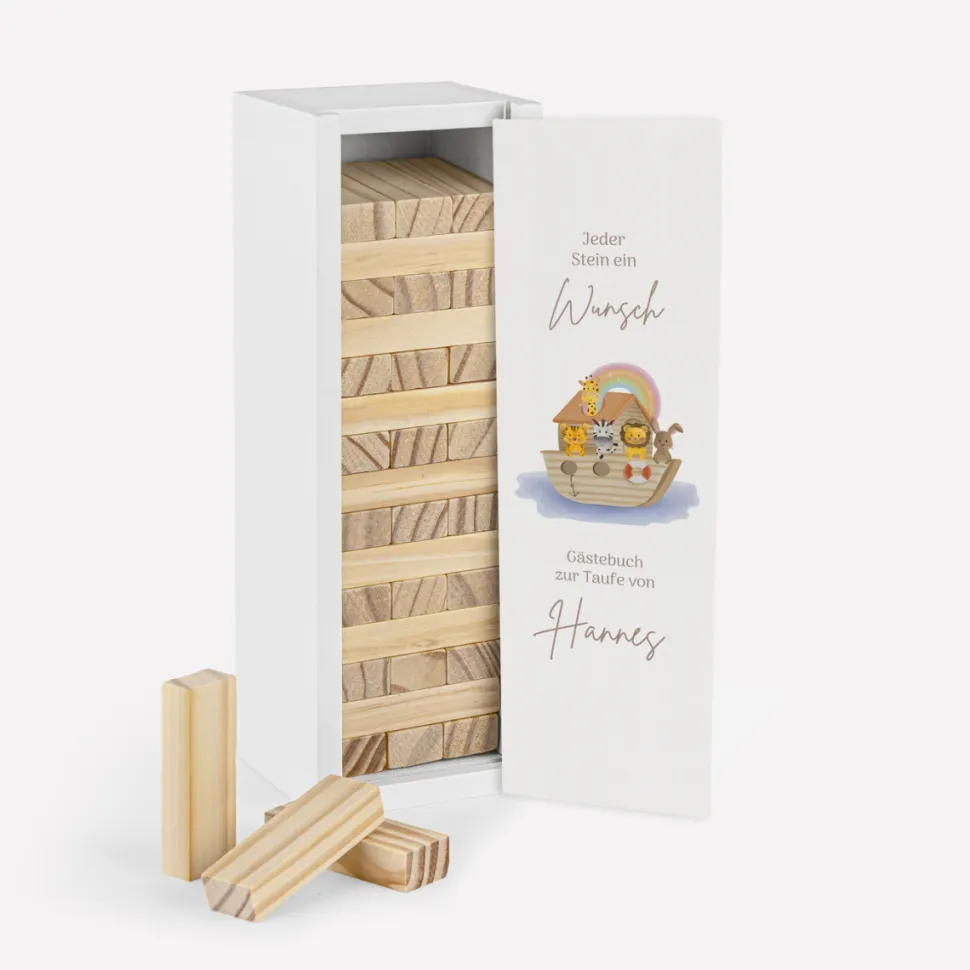 Gästebuch Alternative Wackelturm mit Geschenkbox "Arche Noah Regenbogen Pastell"