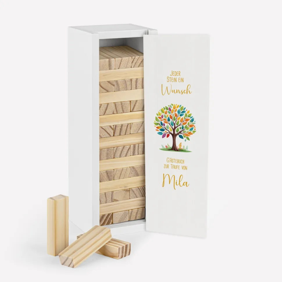 Gästebuch Alternative Wackelturm mit Geschenkbox "Baum Herzen" mint