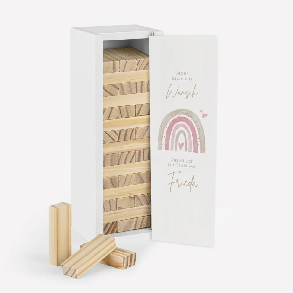 Gästebuch Alternative Wackelturm mit Geschenkbox "Regenbogen mit Herzen Pastell"
