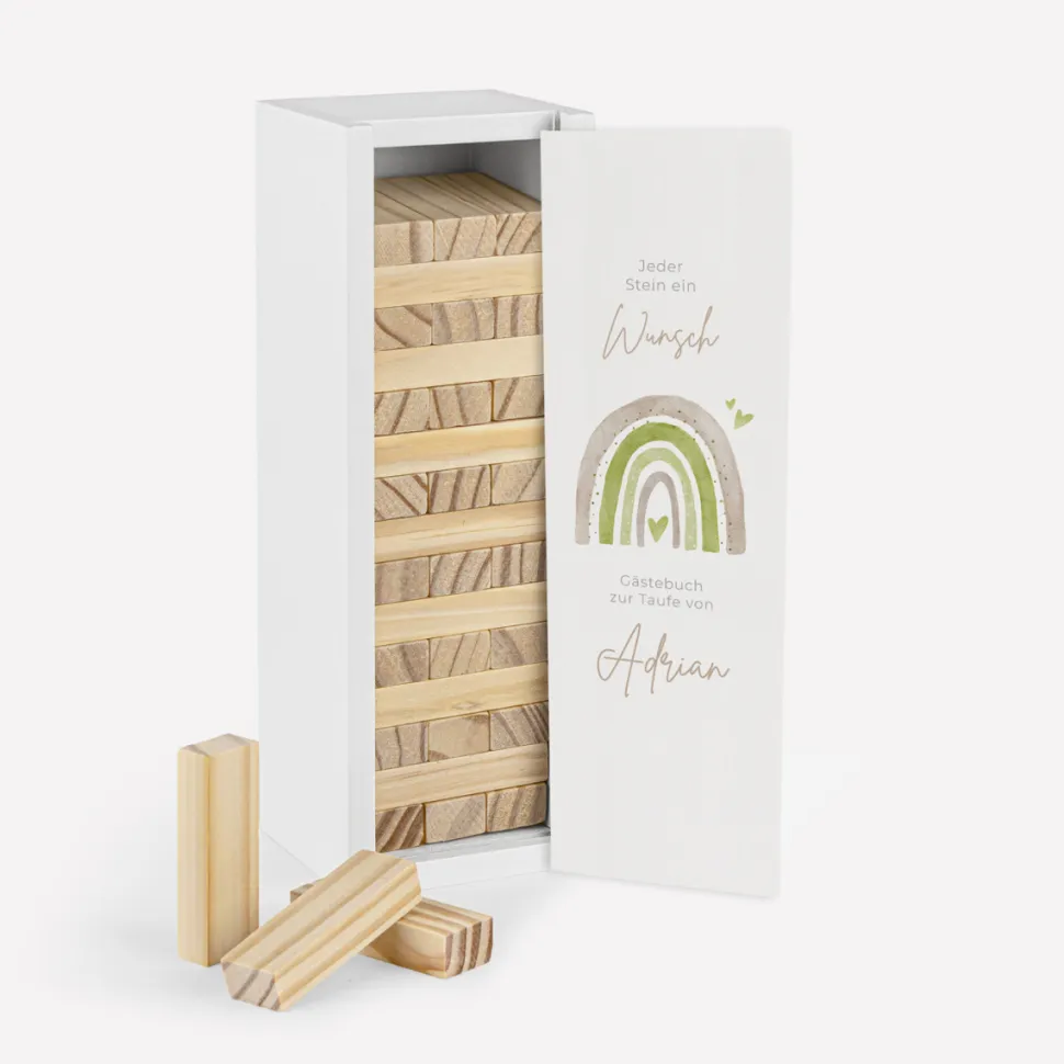 Gästebuch Alternative Wackelturm mit Geschenkbox "Regenbogen mit Herzen Pastell"
