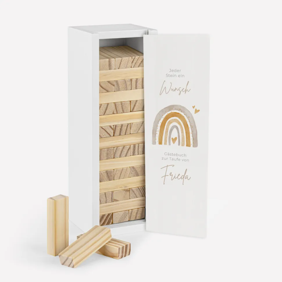 Gästebuch Alternative Wackelturm mit Geschenkbox "Regenbogen mit Herzen Pastell"