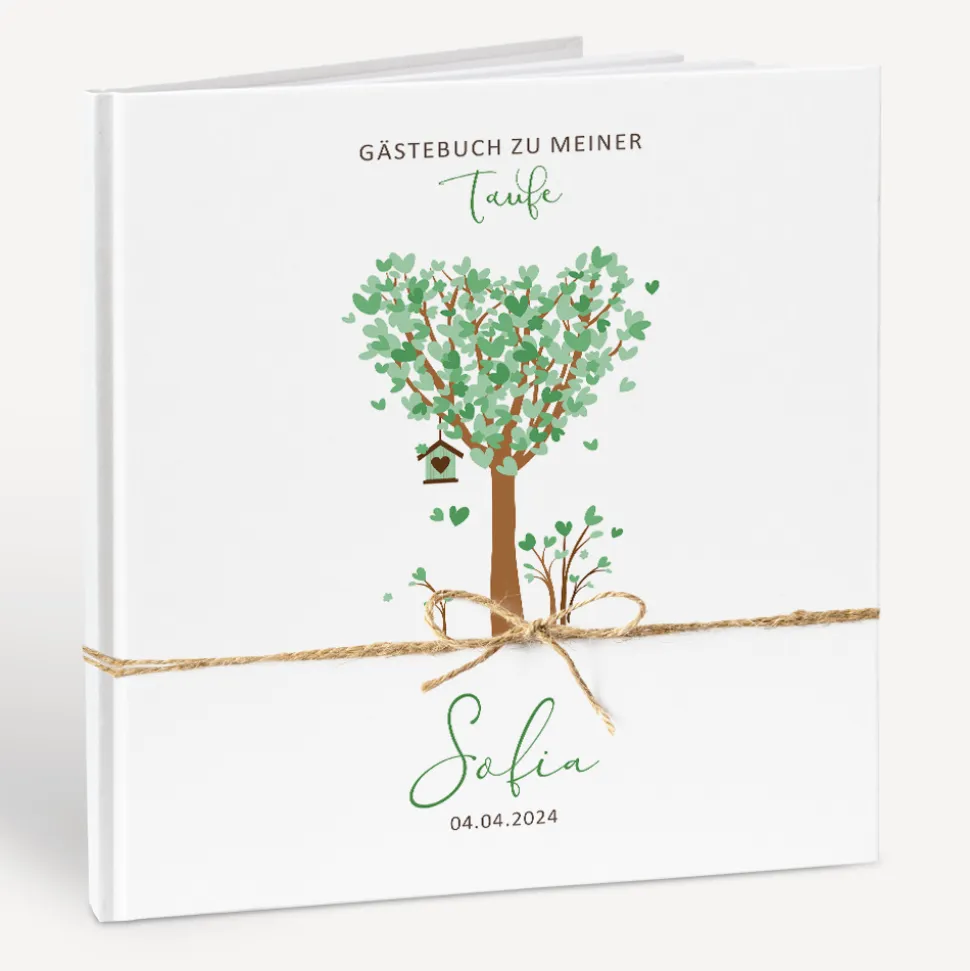 Gästebuch Taufe "Baum Herzen" mit Juteband