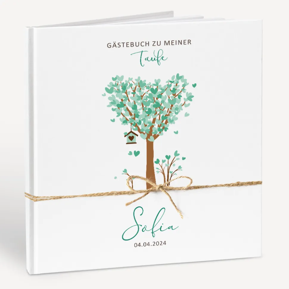 Gästebuch Taufe "Baum Herzen" mit Juteband