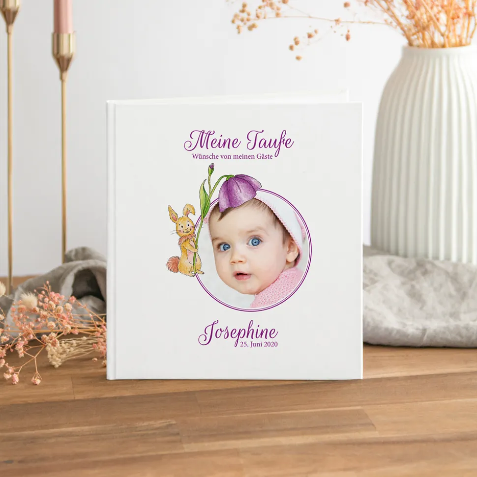 Gästebuch Taufe "Mädchen mit Foto und Häschen"