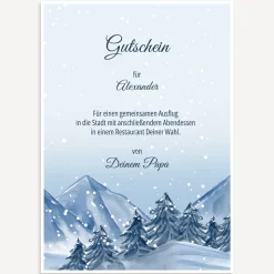 Gutschein Vorlage zum Ausdrucken "Winterlandschaft Berge"