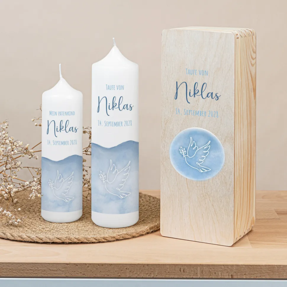 Kerzenbox Holz "Aquarell mit Taube blau"