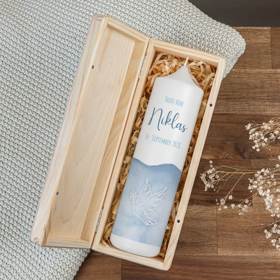 Kerzenbox Holz "Aquarell mit Taube blau"