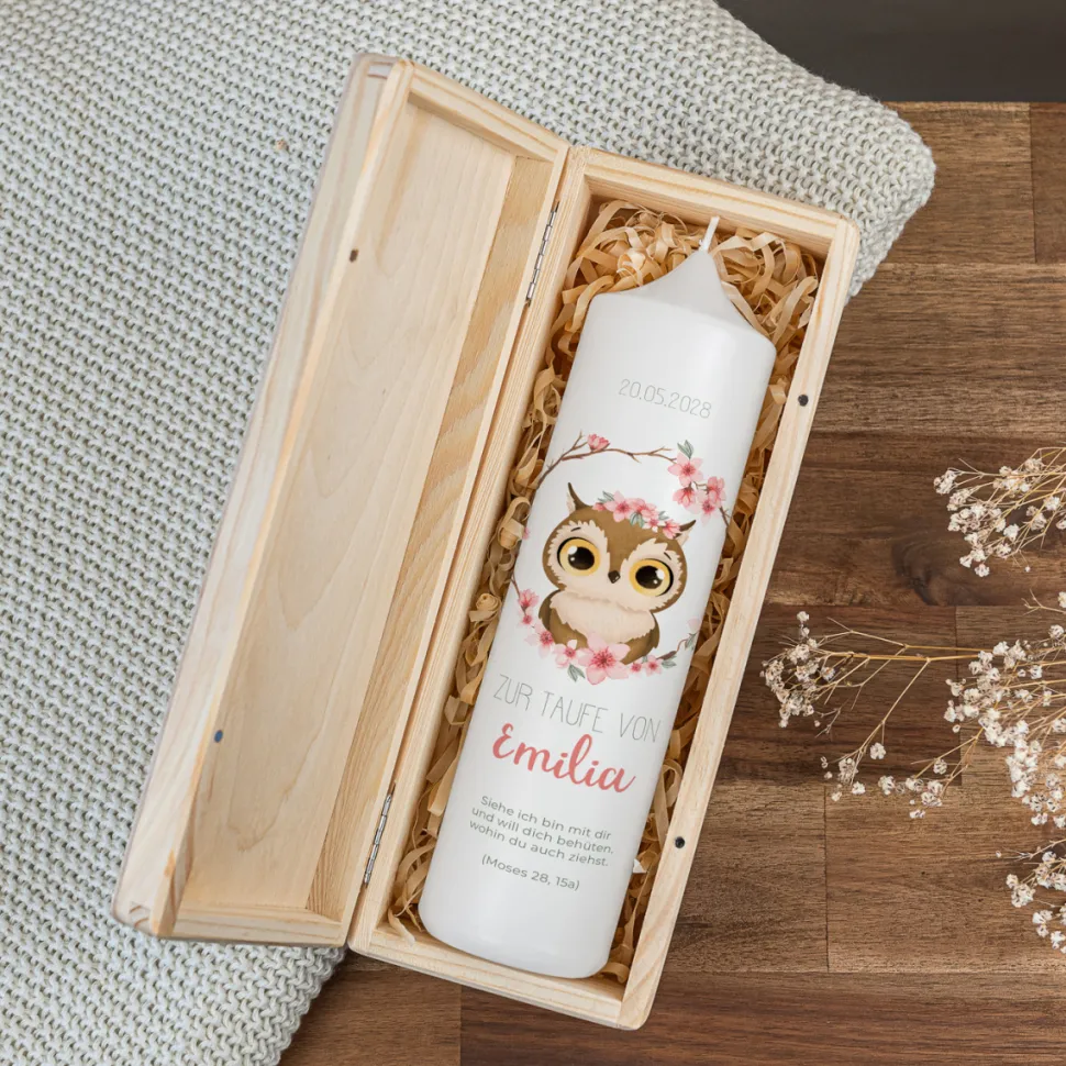 Kerzenbox Holz "Eule rosa"
