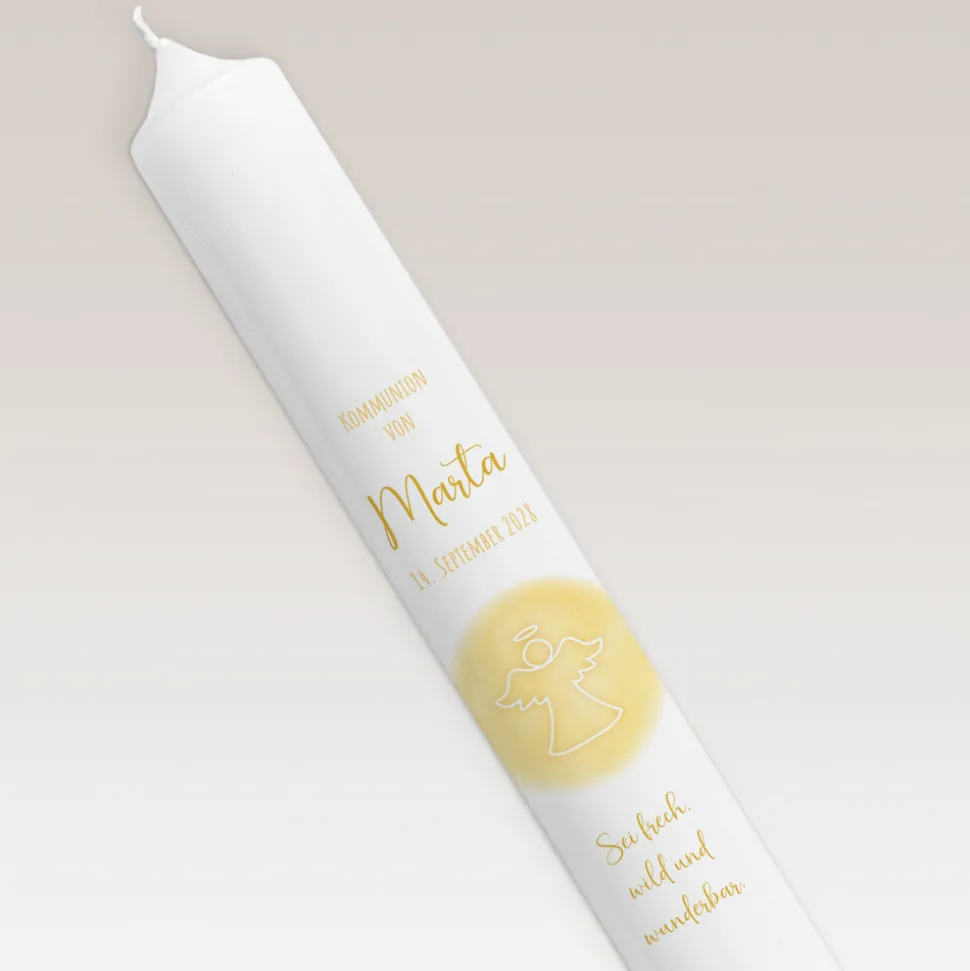 Kommunionkerze Aquarell mit Engel gold-gelb schmal