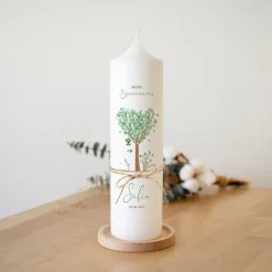 Kommunionkerze Baum Herzen mit Juteband