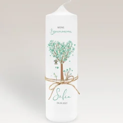 Kommunionkerze Baum Herzen mit Juteband