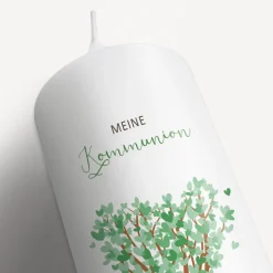 Kommunionkerze Baum Herzen mit Juteband
