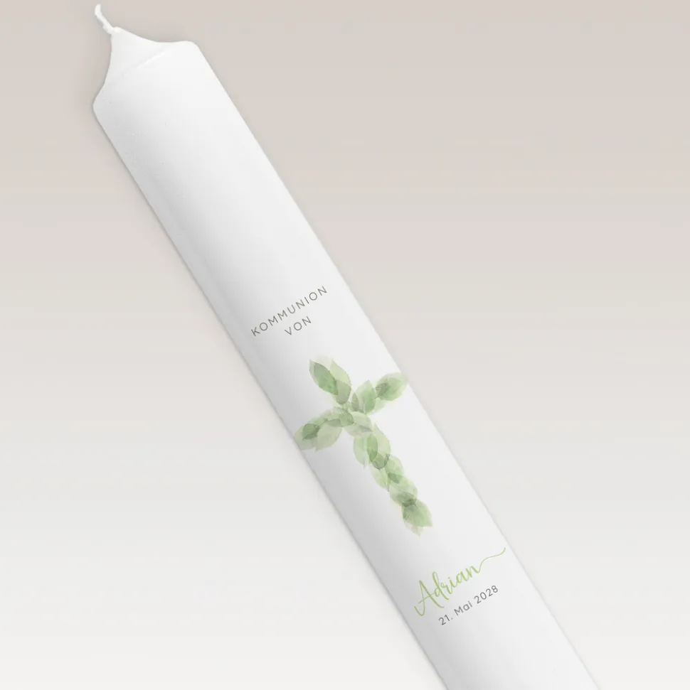 Kommunionkerze Blätterkreuz schmal