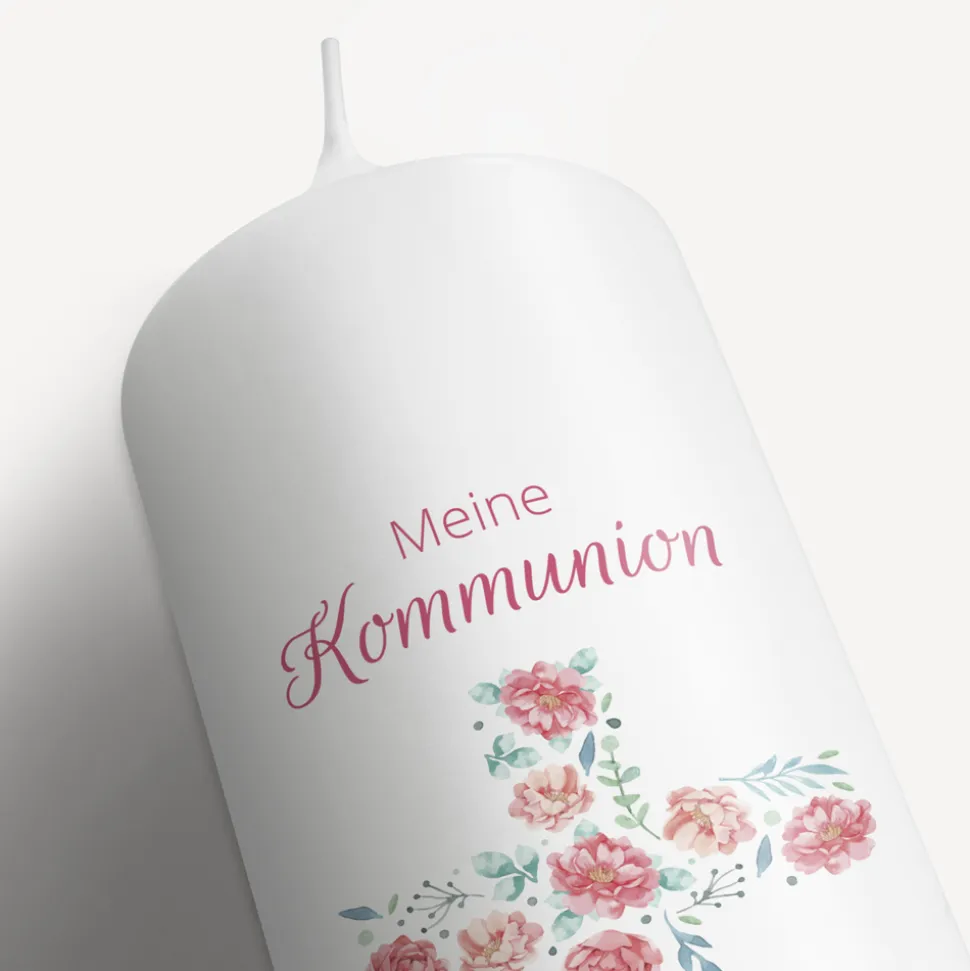 Kommunionkerze Kreuz mit Blumen