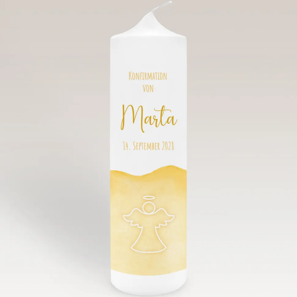 Konfirmationskerze Aquarell mit Engel gold-gelb