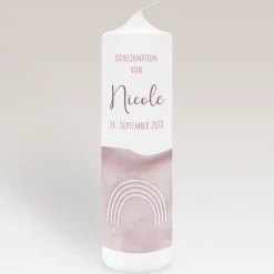 Konfirmationskerze Aquarell mit Regenbogen rosa