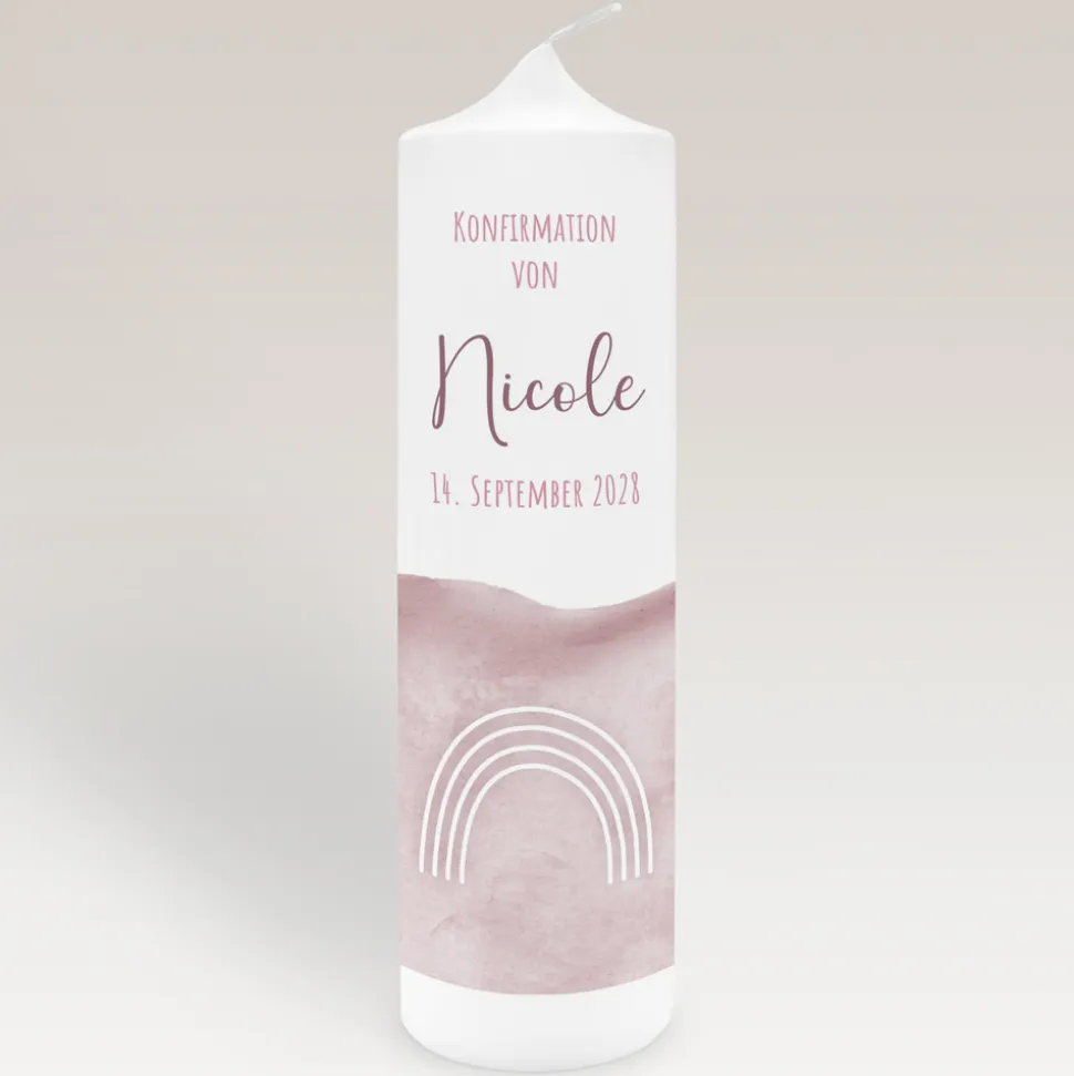 Konfirmationskerze Aquarell mit Regenbogen rosa