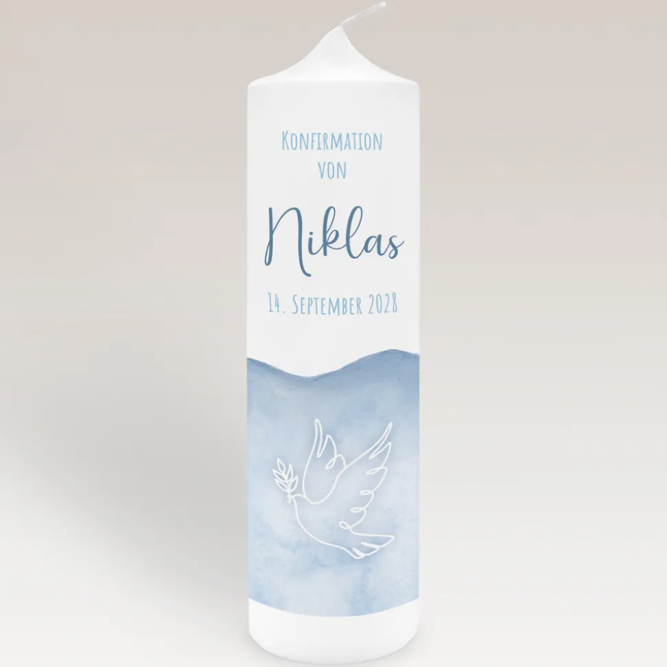 Konfirmationskerze Aquarell mit Taube blau