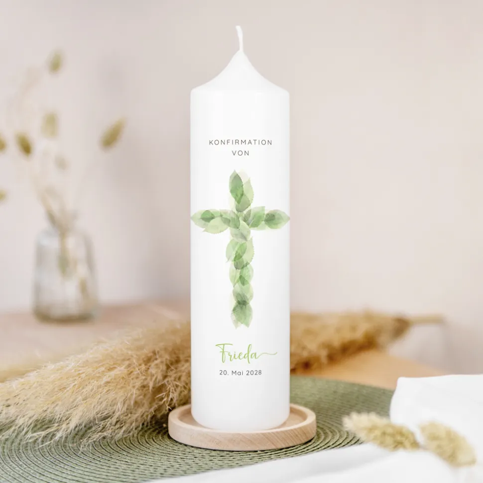 Konfirmationskerze Blätterkreuz