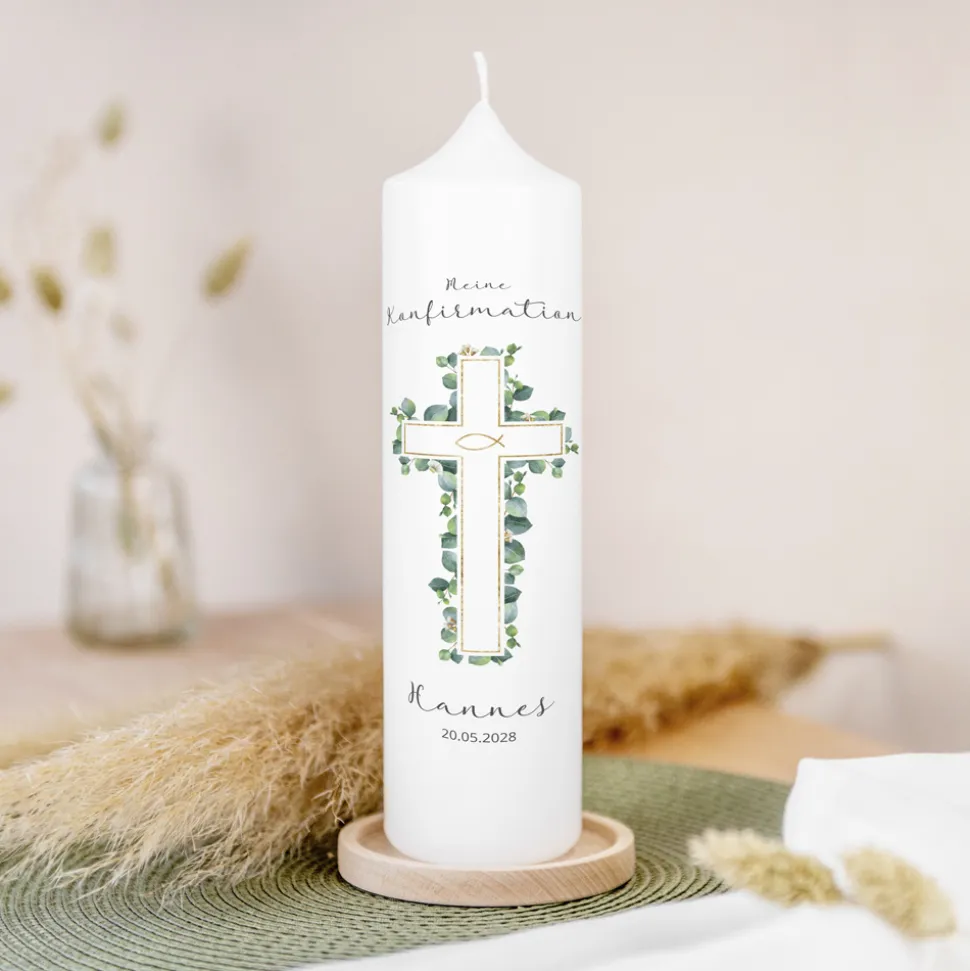 Konfirmationskerze Eukalyptus Kreuz