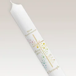 Konfirmationskerze Kreuz mit Symbolen schmal