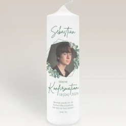 Konfirmationskerze mit Foto Eukalyptus Geometrie Junge