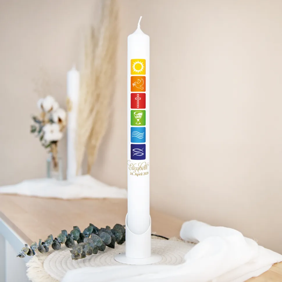 Konfirmationskerze Regenbogen Symbole klassisch schmal