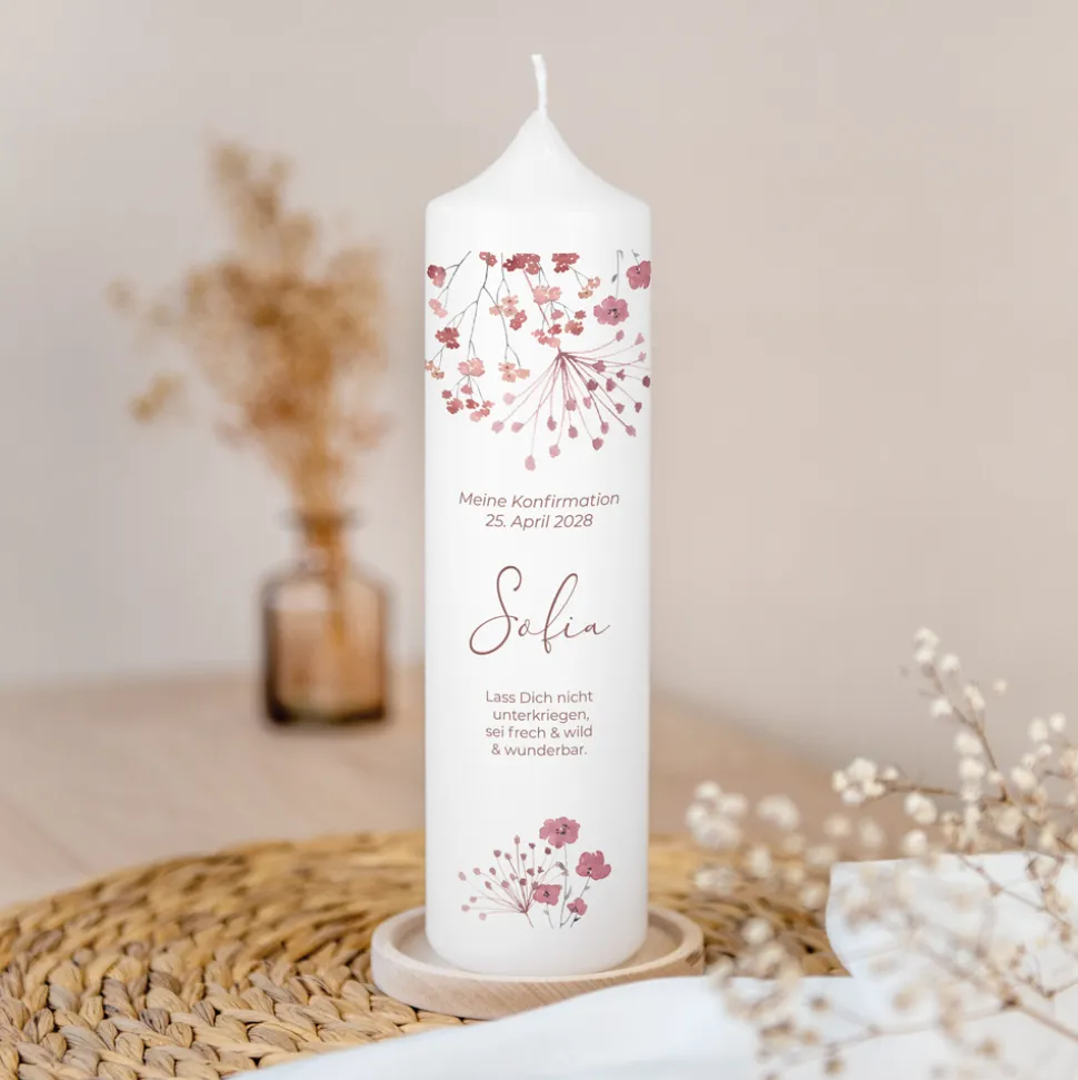 Konfirmationskerze Trockenblumen Blush