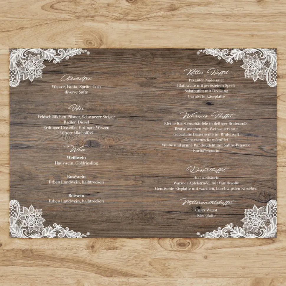 Menükarte Holz und Spitze