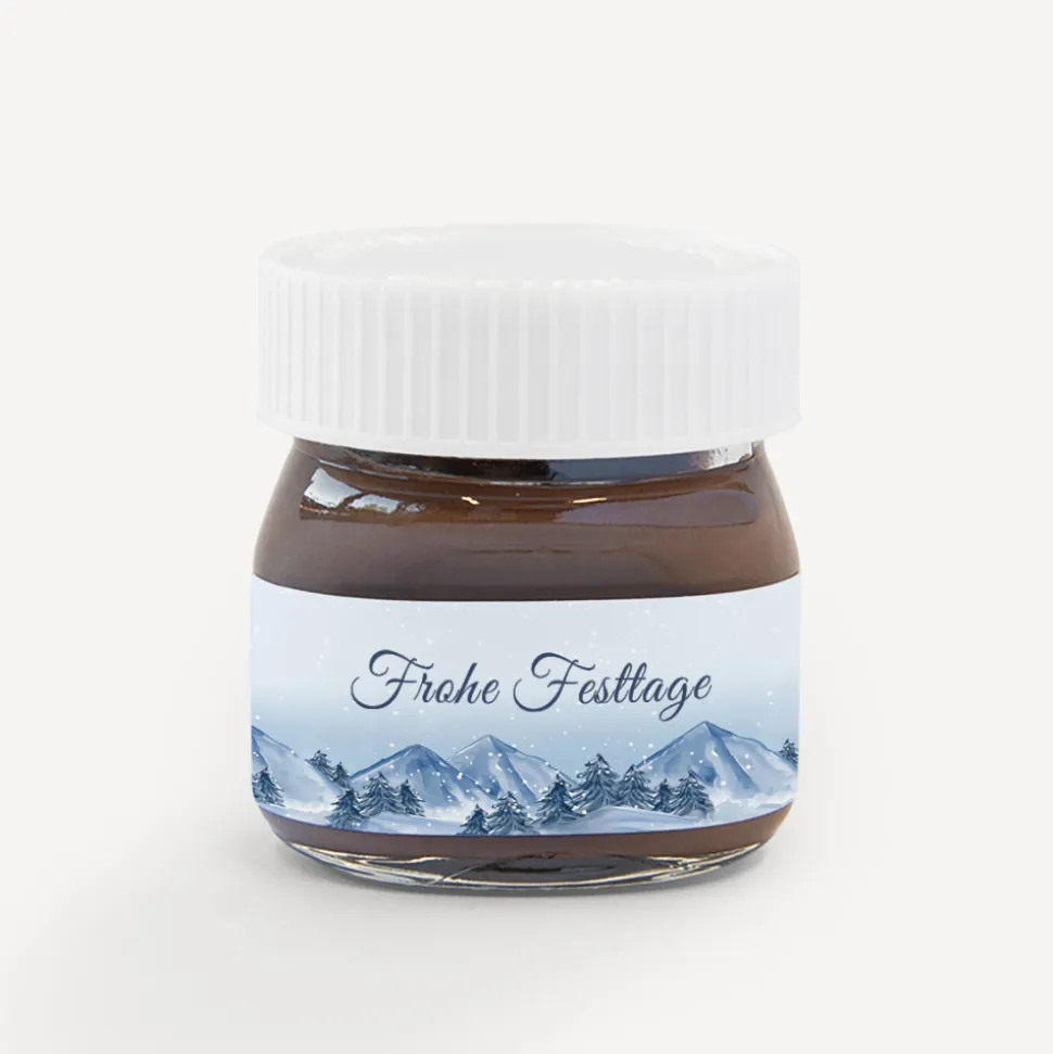 Mini Nutella Glas mit Aufkleber geschäftlich "Winterlandschaft Berge"