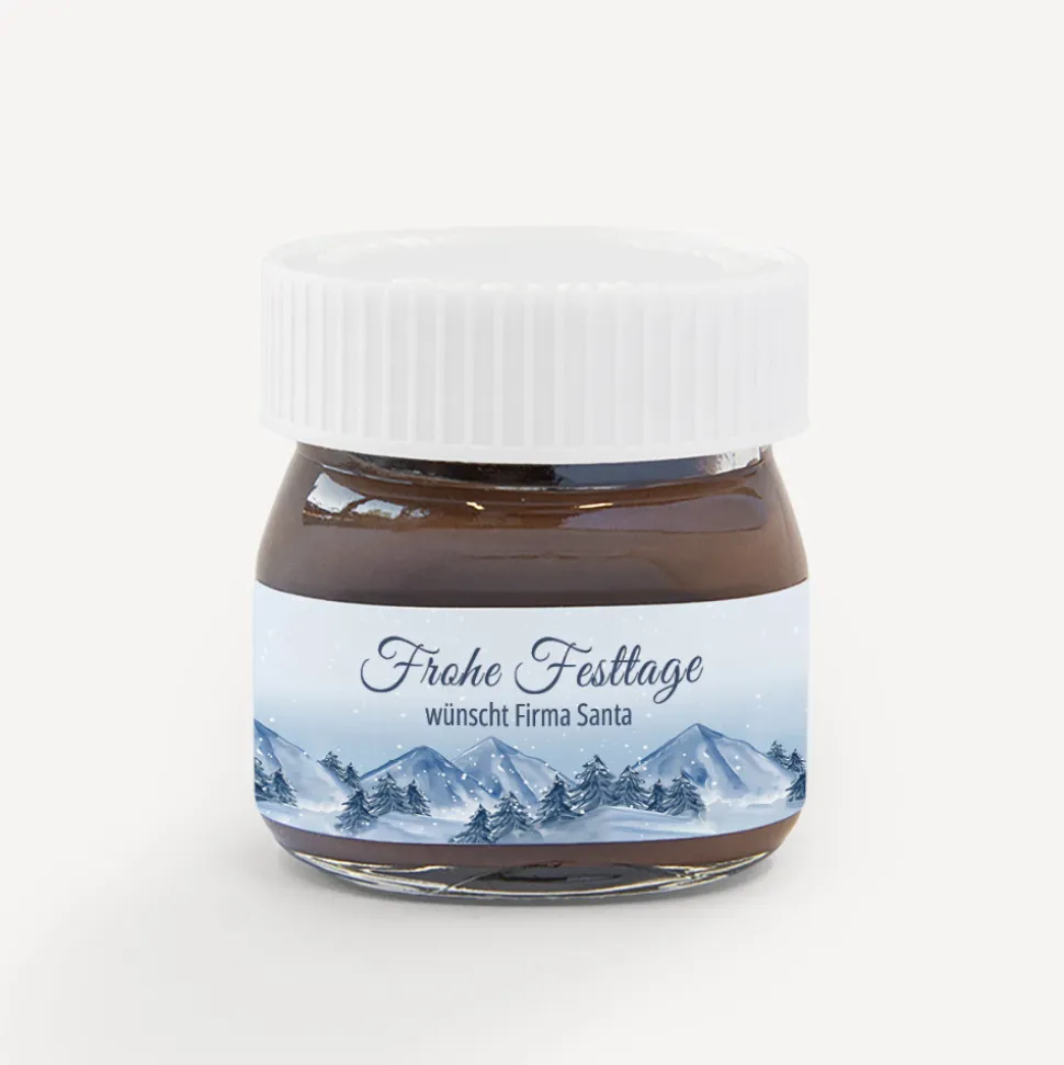 Mini Nutella Glas mit Aufkleber geschäftlich "Winterlandschaft Berge"