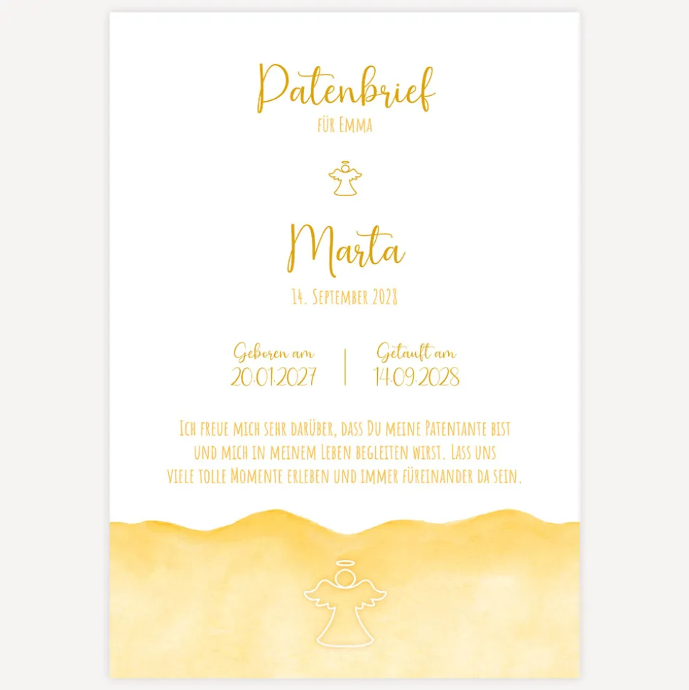 Patenbrief "Aquarell mit Engel gold-gelb"