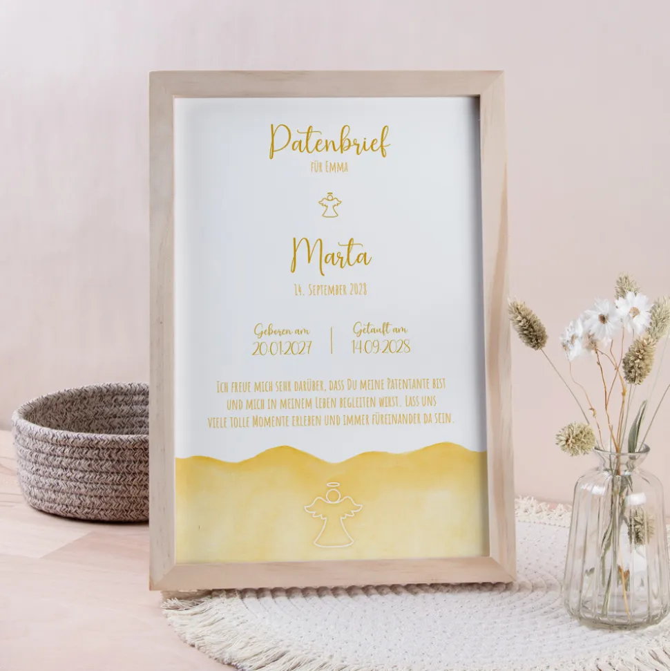 Patenbrief "Aquarell mit Engel gold-gelb"