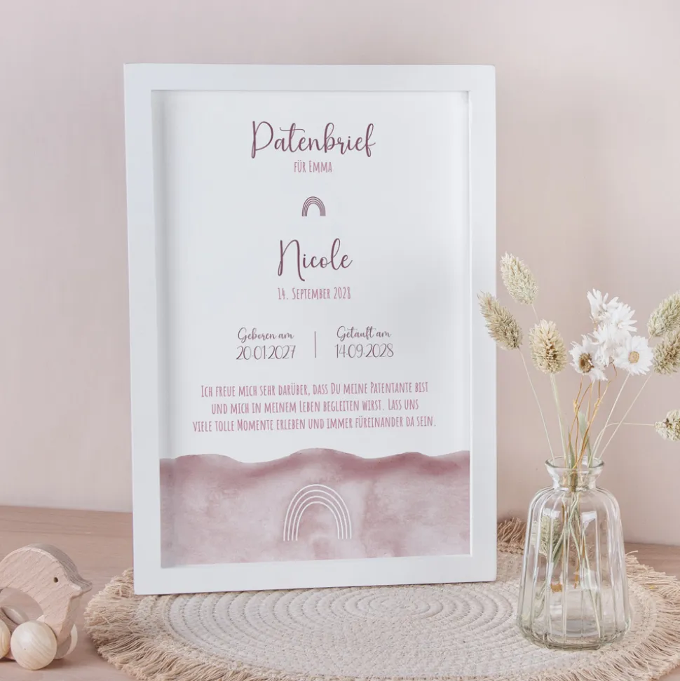 Patenbrief "Aquarell mit Regenbogen rosa"