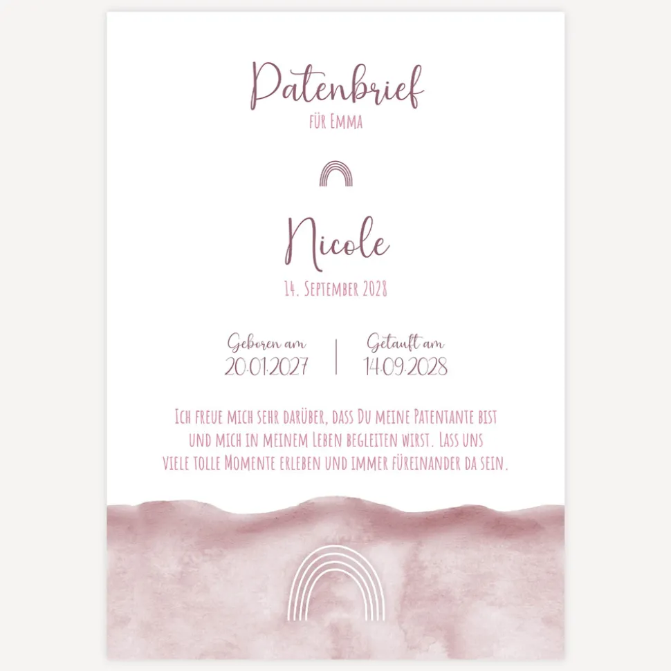 Patenbrief "Aquarell mit Regenbogen rosa"