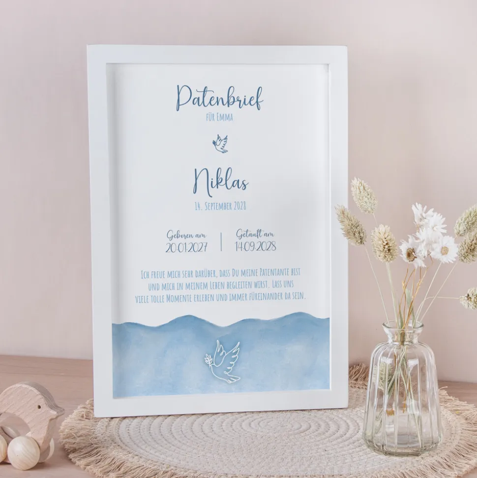 Patenbrief "Aquarell mit Taube blau"