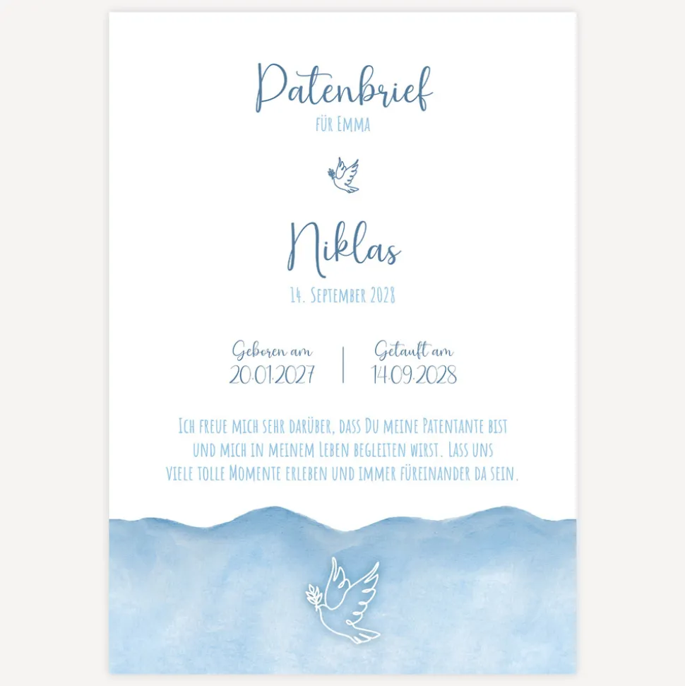 Patenbrief "Aquarell mit Taube blau"