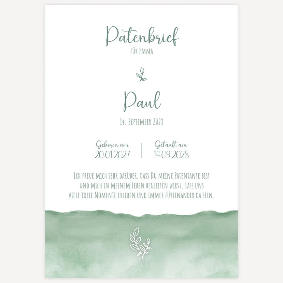 Patenbrief "Aquarell mit Zweig grün"