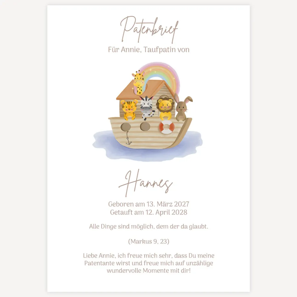 Patenbrief "Arche Noah Regenbogen Pastell"