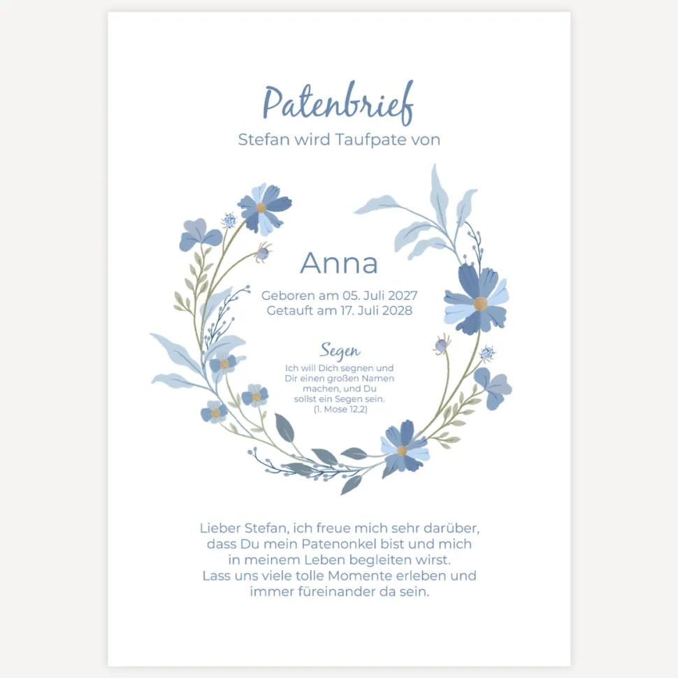 Patenbrief "Blütenkranz blau"