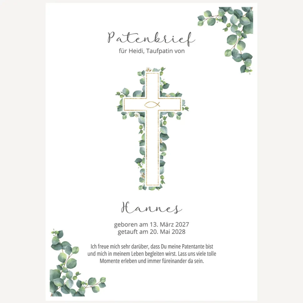 Patenbrief "Eukalyptus Kreuz"