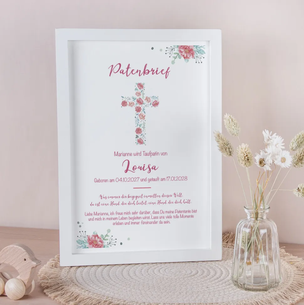 Patenbrief Kreuz mit Blumen