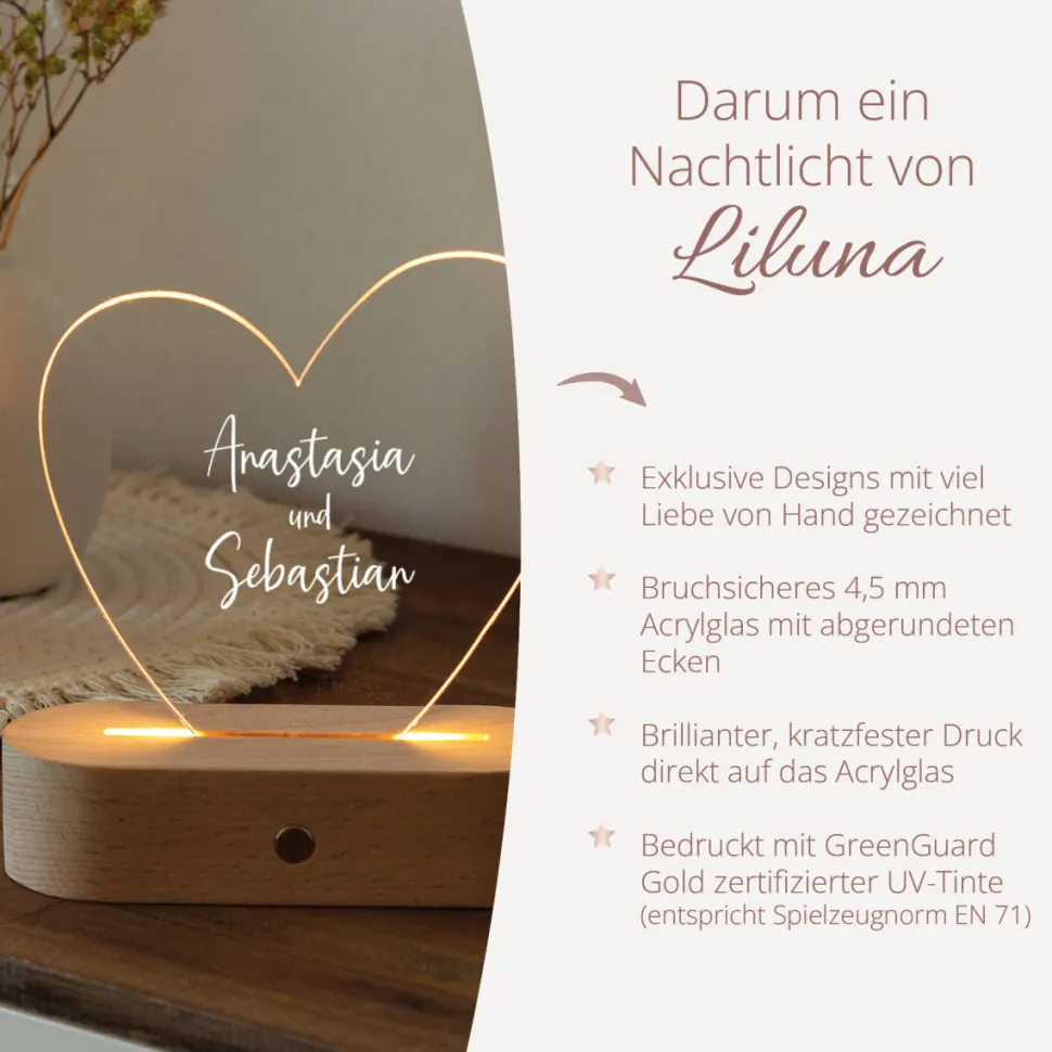 Personalisierte LED-Lampe Herz mit Namen "Calligraphy Style"