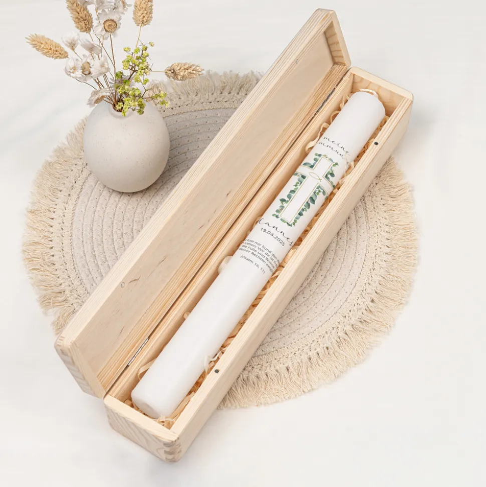 Schmale Kerzenbox Holz "Eukalyptus Kreuz"