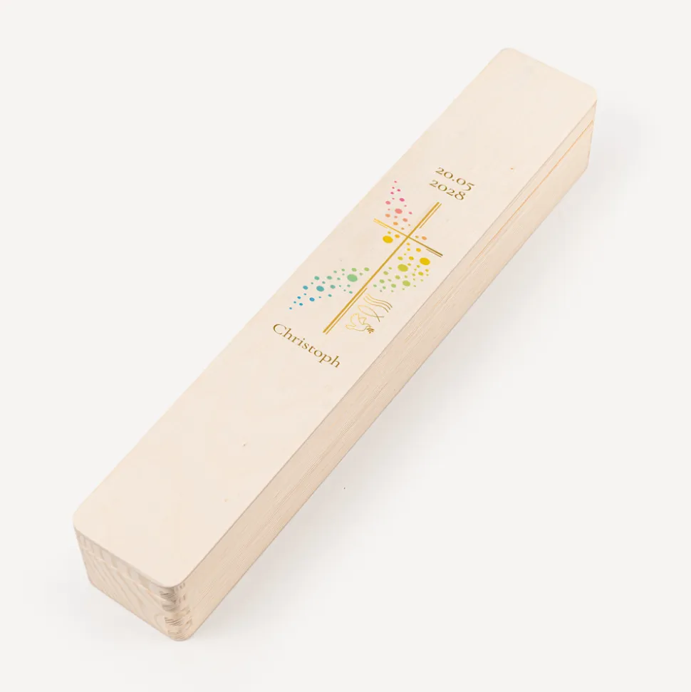Schmale Kerzenbox Holz "Kreuz mit Symbolen"