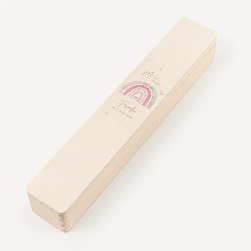 Schmale Kerzenbox Holz "Regenbogen mit Herzen Pastell"