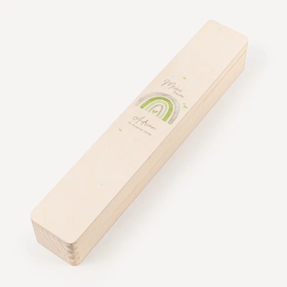 Schmale Kerzenbox Holz "Regenbogen mit Herzen Pastell"