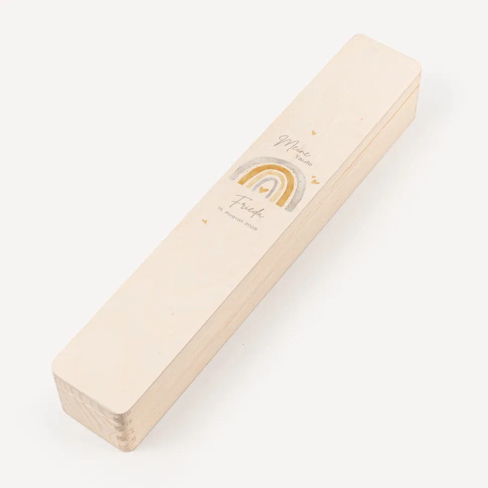 Schmale Kerzenbox Holz "Regenbogen mit Herzen Pastell"