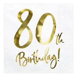 Servietten 80. Geburtstag weiß-gold 20Stück