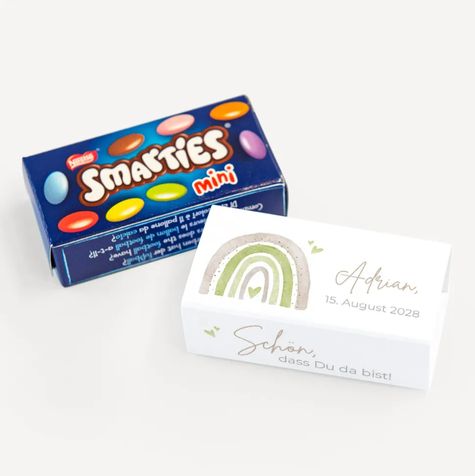 SMARTIES mini mit Banderole "Regenbogen mit Herzen Pastell"